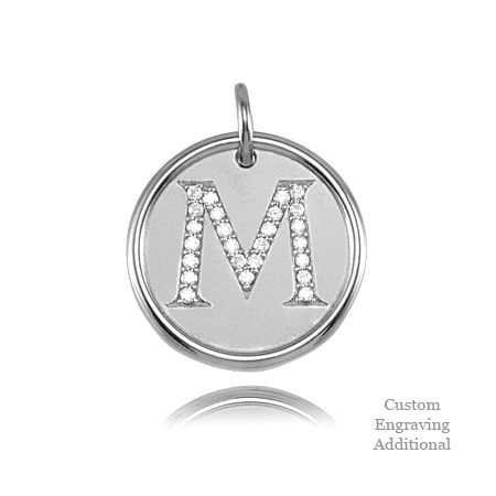 Letter M - Engravable Posh Mommy Pendant Initial with Diamonds - Sterling Silver