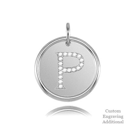 Letter P - Engravable Posh Mommy Pendant Initial with Diamonds - Sterling Silver