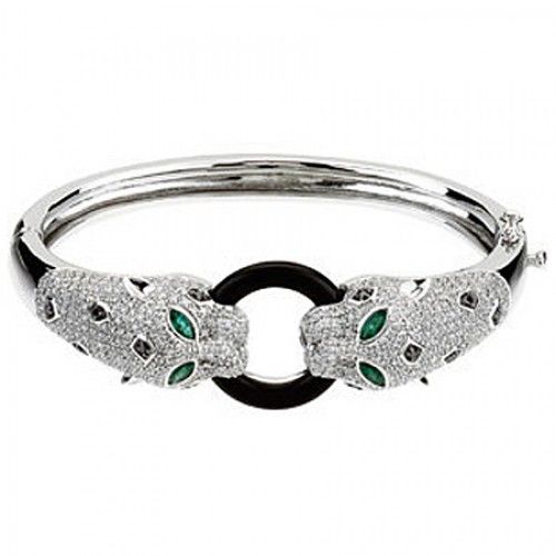 Round Shape Onyx, Emerald & Diamond Bracelet in 14kt White Gold - Exquisite