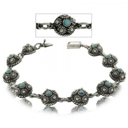 Turquoise Bracelet Sterling Silver Beaded Flower Links