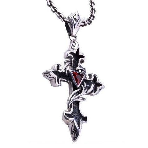 Garnet Gemstone Pendant Sterling Silver Necklace Cross Design Flame (w/ SILVER CHAIN)