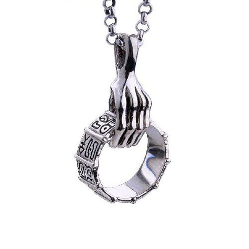 Retro Mantra Skeleton Hands Ring Necklace Silver Men's Jewelry (w/ SILVER CHAIN)