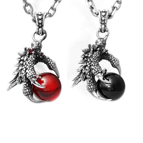 Retro Jewelry Men's Necklace Pendant Red/Black Natural Gem Stone (w/ SILVER CHAIN)