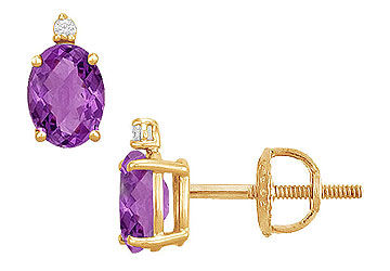 Diamond and Amethyst Stud Earrings  14K Yellow Gold - 2.04 CT TGW