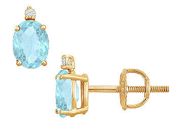 Diamond and Aquamarine Stud Earrings  14K Yellow Gold - 2.04 CT TGW