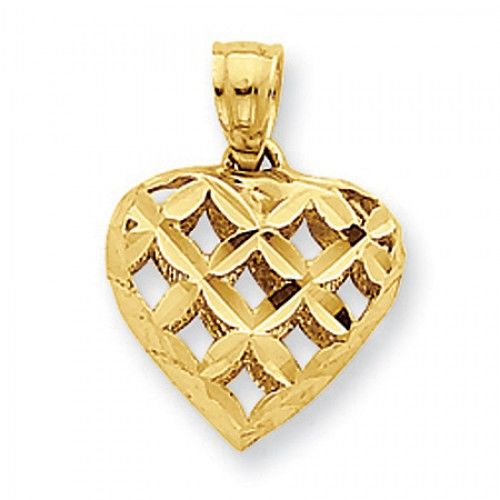 14k Yellow Gold Patterned Diamond-Cut Heart Pendant For Ladies