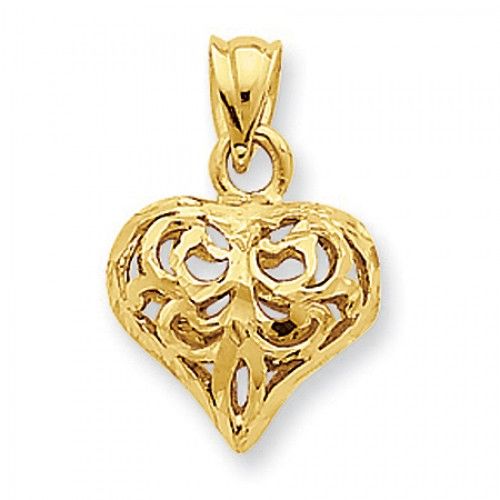 14k Yellow Gold Filigree Fleur De Lis Heart Pendant For Ladies