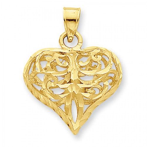 14k Yellow Gold Classic Filigree Fleur De Lis Heart Pendant For Ladies