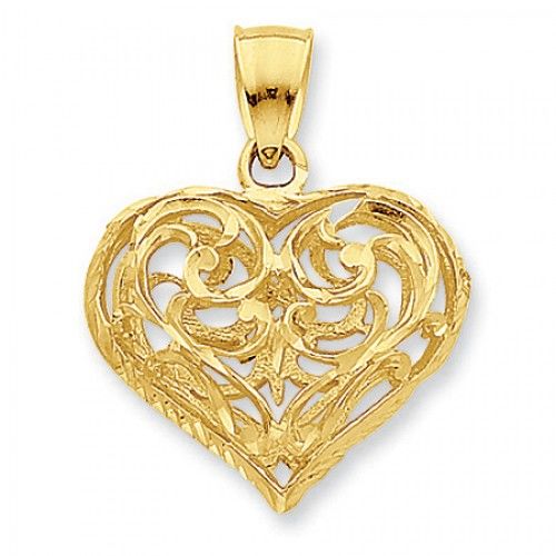 14k Yellow Gold Victorian Filigree Fleur De Lis Heart Pendant For Ladies