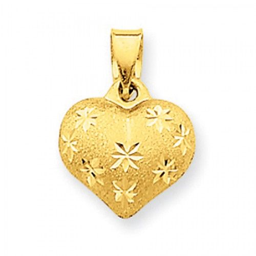 14k Yellow Gold Satin and Diamond Cut Open Filigree Heart Pendant For Ladies