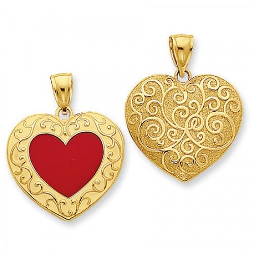 14k Yellow Gold White and Red Enameled Scrolled Reversible Heart Pendant