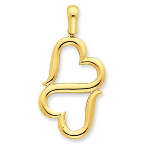 14k Yellow Gold Solid Double Hanging Hearts Pendant