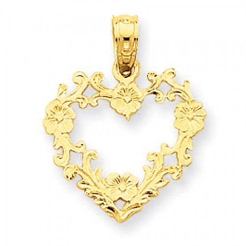 14k Yellow Gold Floral Cut-Out Heart Pendant