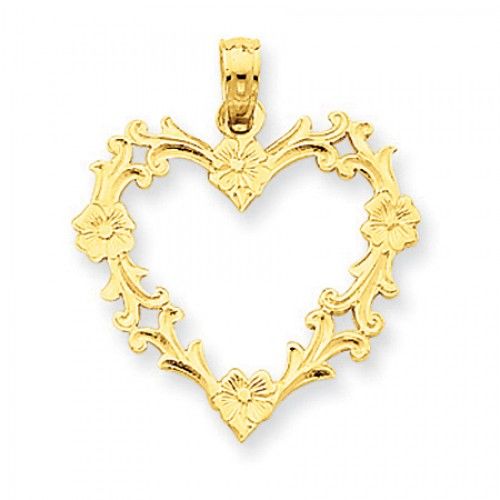 14k Yellow Gold Victorian Style Floral Heart Pendant