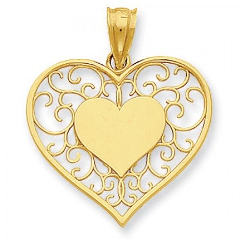 14k Yellow Gold Polished and Filigree Heart Pendant