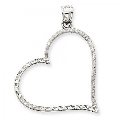 14k White Gold Floating Diamond-Cut Reversible Heart Pendant