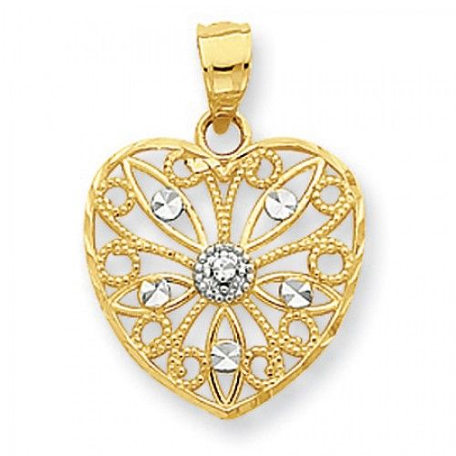 Two-Tone Intricate Heart Pendant W/ Diamond-Cut Filigree