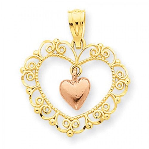 14k Rose & Yellow Gold Two-Toned Rose Filigree Heart Pendant