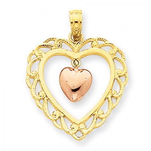 14k Rose & Yellow Gold Two-Toned Dangling Heart in Scalloped Heart Pendant