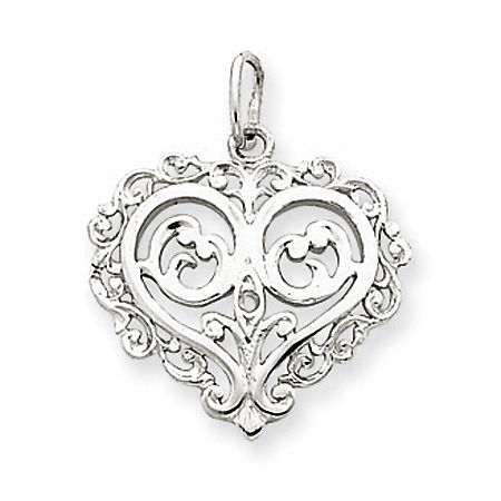14k White Gold Designed-Edges Fancy Heart Pendant