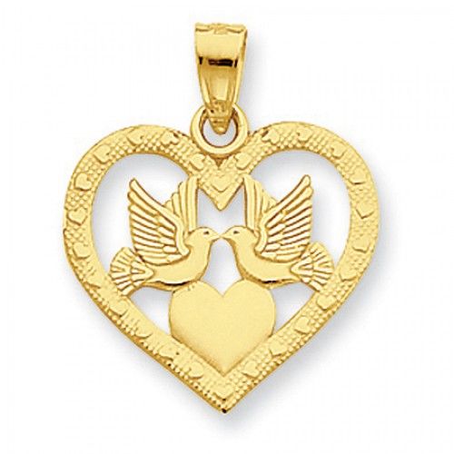 14k Yellow Gold Two Doves in Heart Pendant