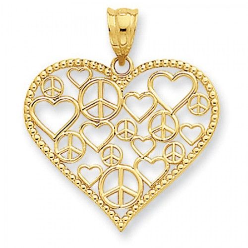 14k Yellow Gold Heart with Peace Signs Heart Pendant