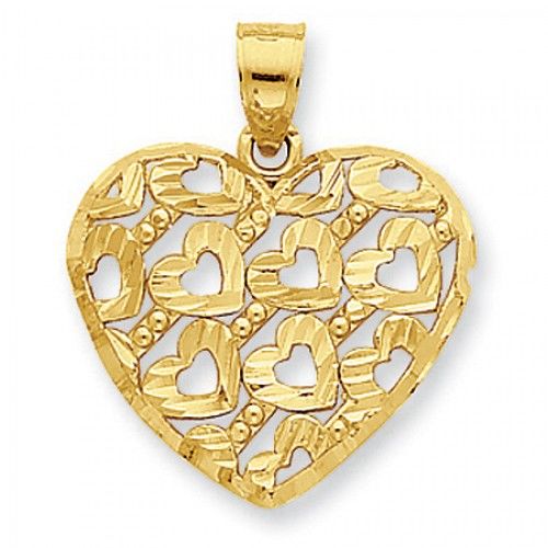 14k Yellow Gold Diamond-Cut Heart Pattern On Heart Pendant