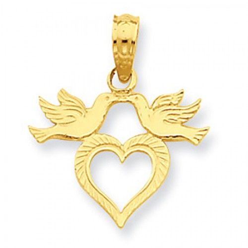14k Yellow Gold Love Birds Heart Pendant