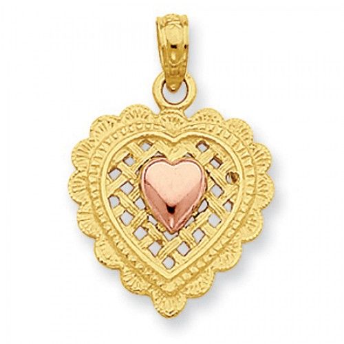 14k Rose and Yellow Gold Valentine'S Day Two-Toned Pink Flower Heart Charm