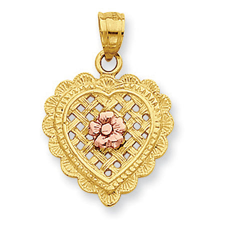 14k Rose and Yellow Gold Two-Tone Basket Weave Flower and Heart Pendant