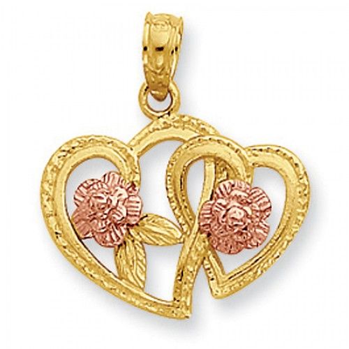 14k Rose and Yellow Gold Flowers and Dual Heart Pendant