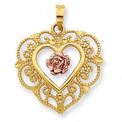 14k Rose and Yellow Gold Pink Rose and Lace Trim Heart Pendant