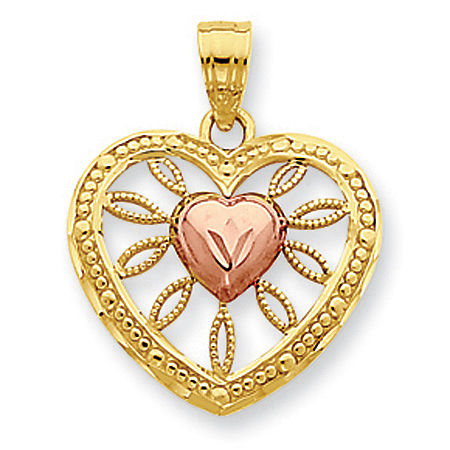 14k Rose and Yellow Gold Framed Rose Gold Heart in Yellow Gold Heart Pendant