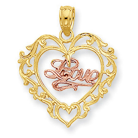 14k Rose and Yellow Gold Dangling Love Two-Tone Laced Heart Pendant