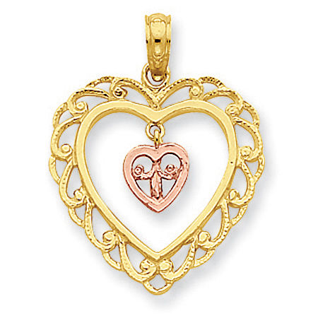 14k Rose and Yellow Gold Dangling Two-Tone Heart Pendant
