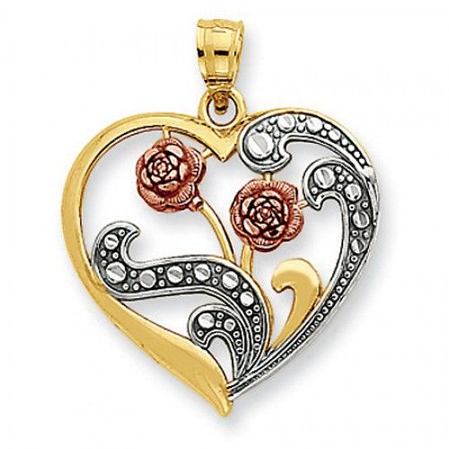14k Rose and Yellow Gold Two-Toned Cut-Out Flowers in a Heart Pendant