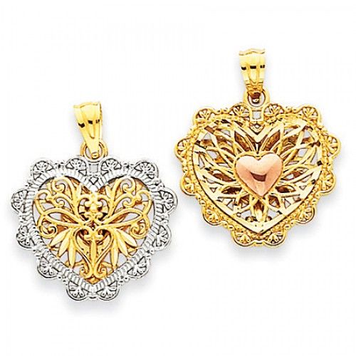 14k Rose and Yellow Gold Two-Toned Reversible Filigree Heart Pendant