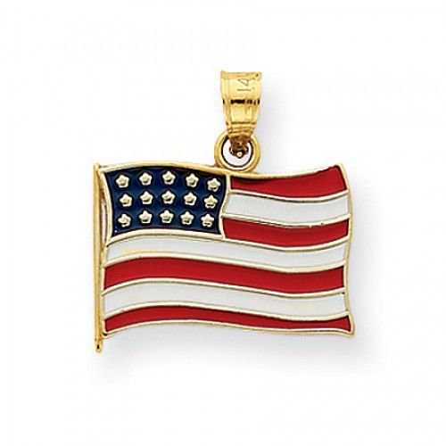 14k Yellow Gold Flag Pendant - Enameled American Flag