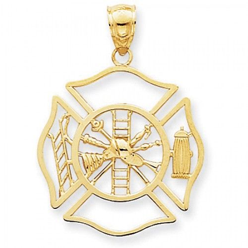 14k Yellow Gold Fireman Shield Firefighter Pendant