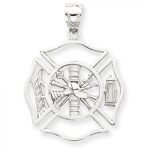 14k White Gold Fireman Shield Firefighter Pendant