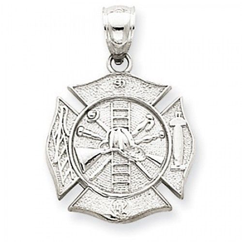 14k White Gold Fireman Shield Seal Firefighter Pendant