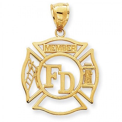 14k Yellow Gold Fire Department 'Fd' Member Shield Firefighter Pendant