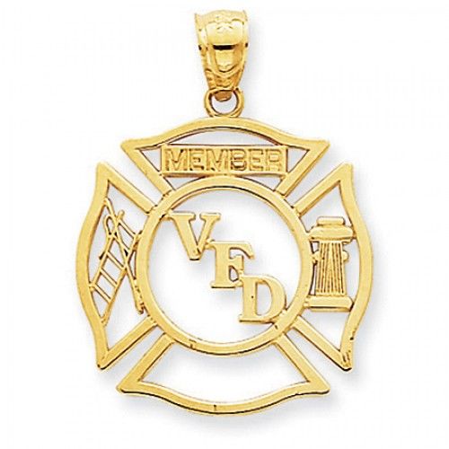14k Yellow Gold Volunteer Fire Department Member Shield Firefighter Pendant