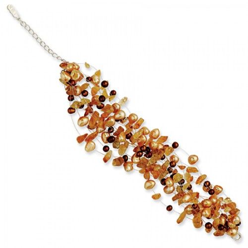 Freshwater Cultured Pearl, Smoky Quartz and Garnet Bracelet in Sterling Silver