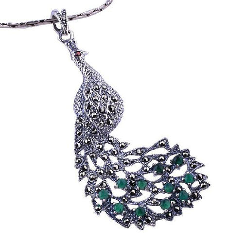 Beautiful Green Onyx Agate Stone Mosaic Peacock Style Pendant Women's Necklace Jewelry