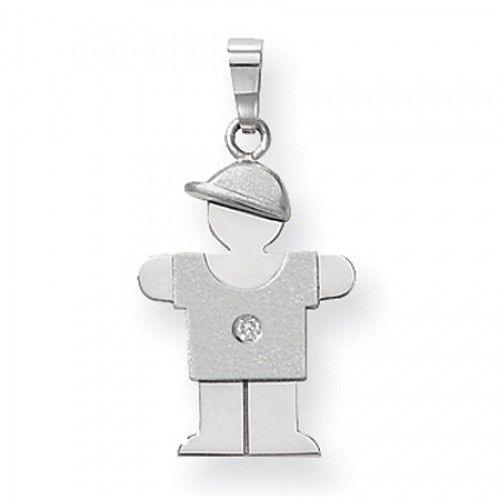 14k White Gold Hug Pendant - Boy with Baseball Cap and Diamond Accent