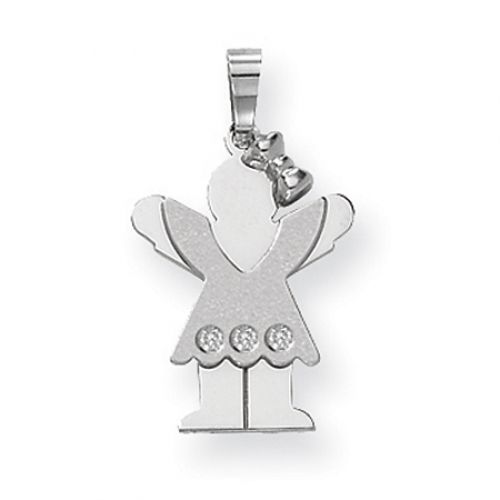14k White Gold Love Pendant - Diamond Accented Girl in Frilly Dress and Bow