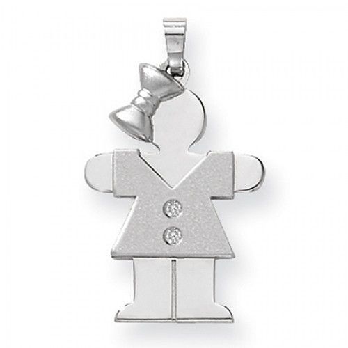 14k White Gold Hug Pendant - Diamond Accented Girl in V-Neck Dress and Bow