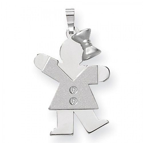14k White Gold Kiss Pendant - Diamond Accented Girl in V-Neck Dress and Bow