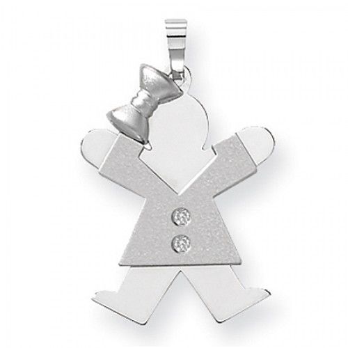 14k White Gold Joy Pendant - Diamond Accented Girl in V-Neck Dress and Bow